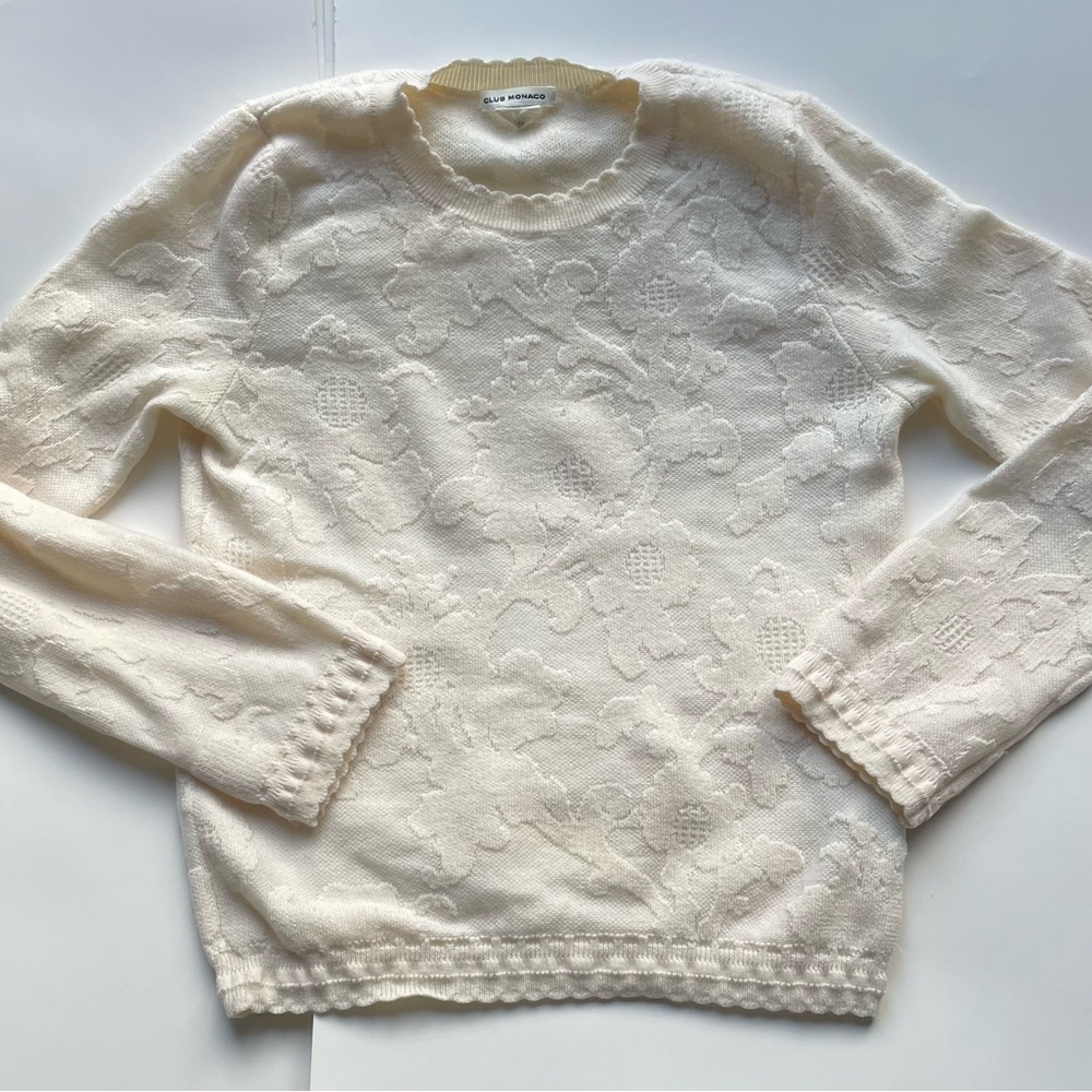 Club Monaco Merino Wool Tonal Floral Textured Sweater Top Small - Picture 2 of 7